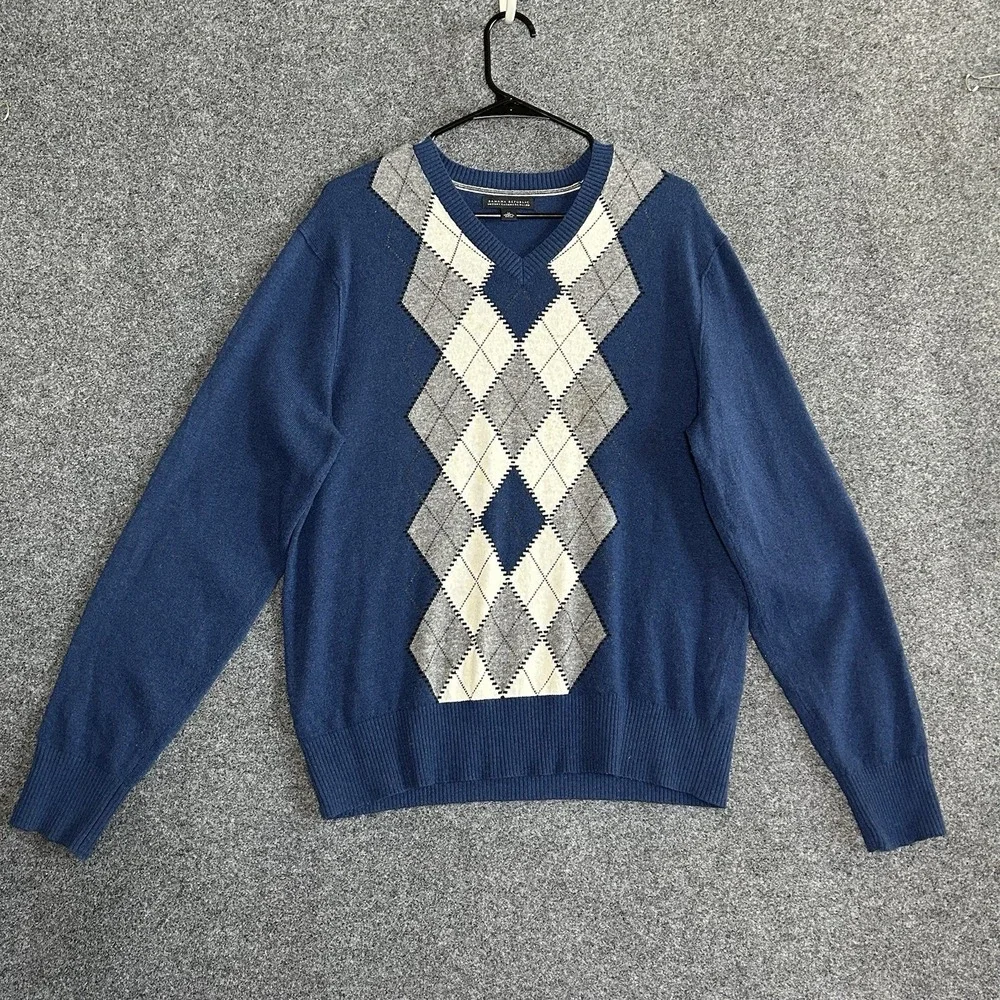 Banana Republic Wool/Cashmere Blend Argyle Sweater - Medium - Blue V-Neck Soft ✨